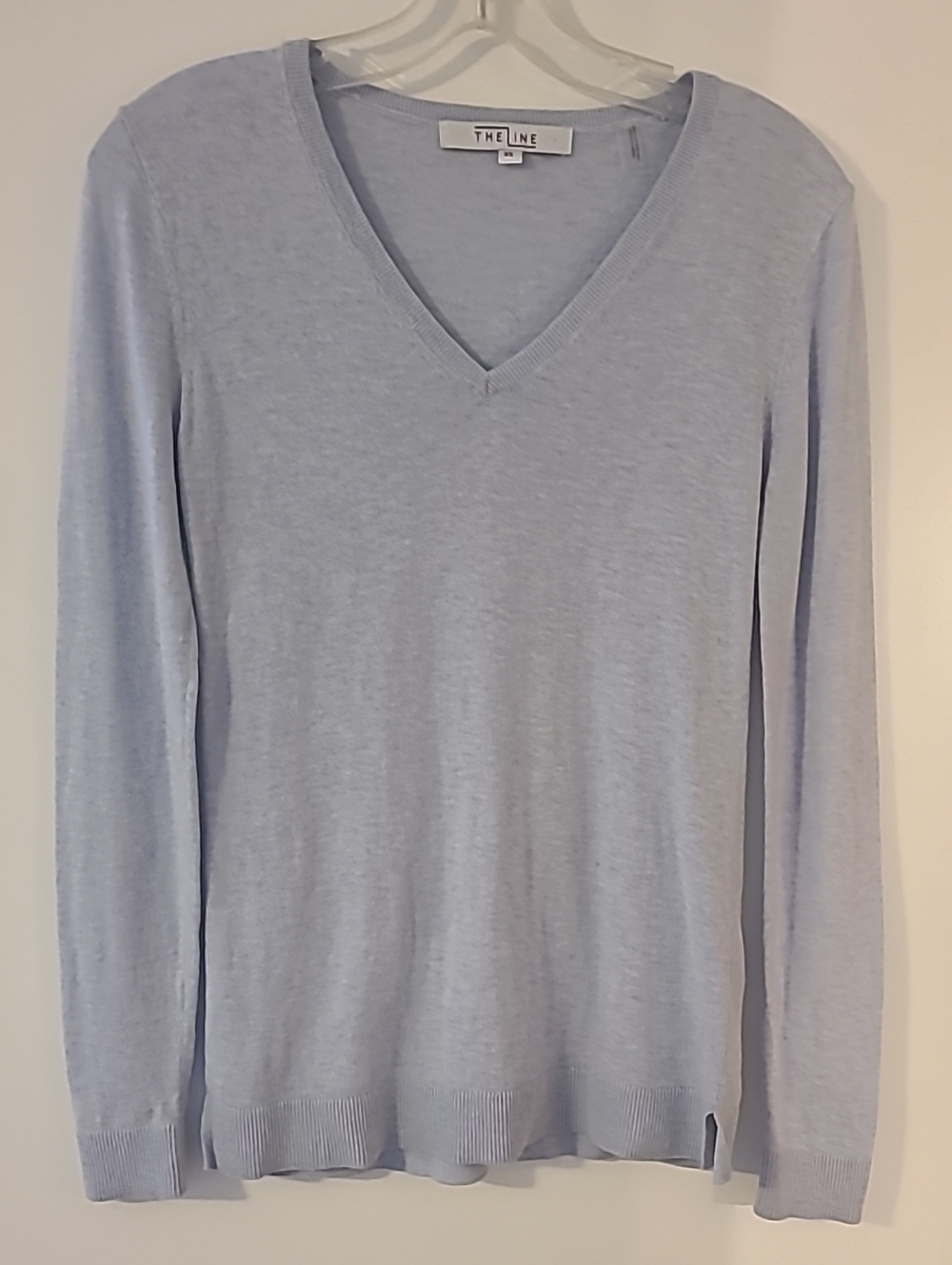 Silk The Line Light Blue V-Neck Cotton Silk Soft Sweater Side Slits Beachy Blue